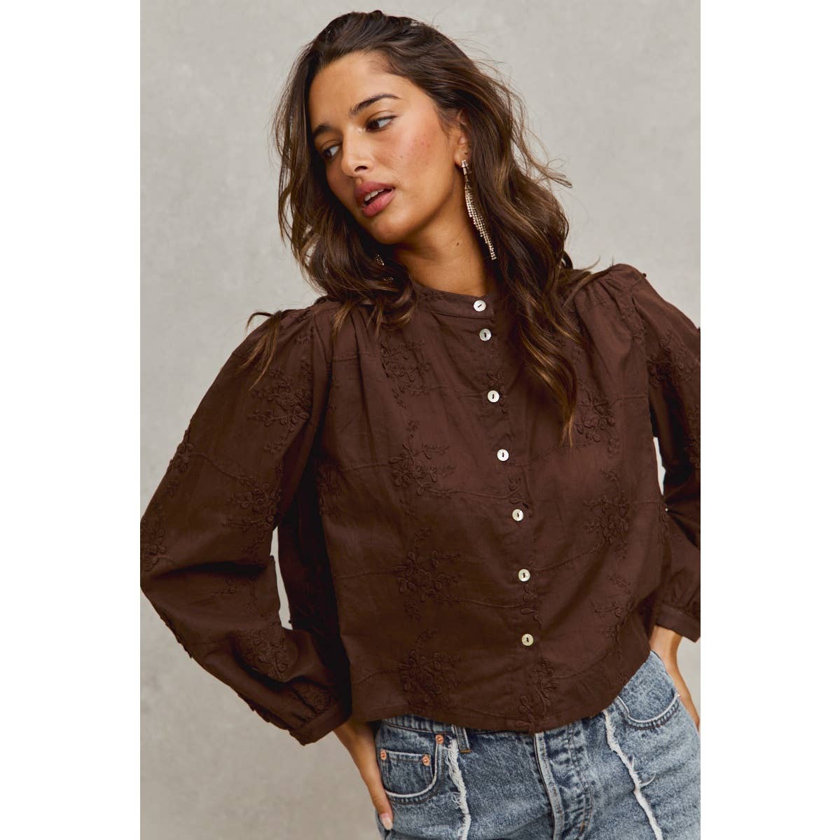 3D FLORAL WOVEN LONG SLEEVE FRONT BUTTON SHIRT