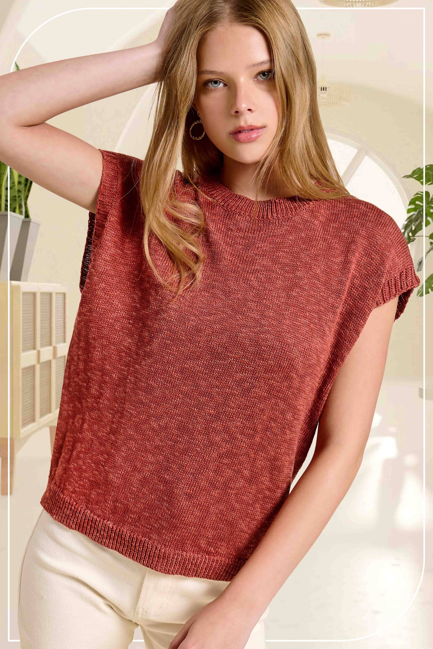Loose Fit Sleeveless Ribbed Knit Mock Crew Neck Top
