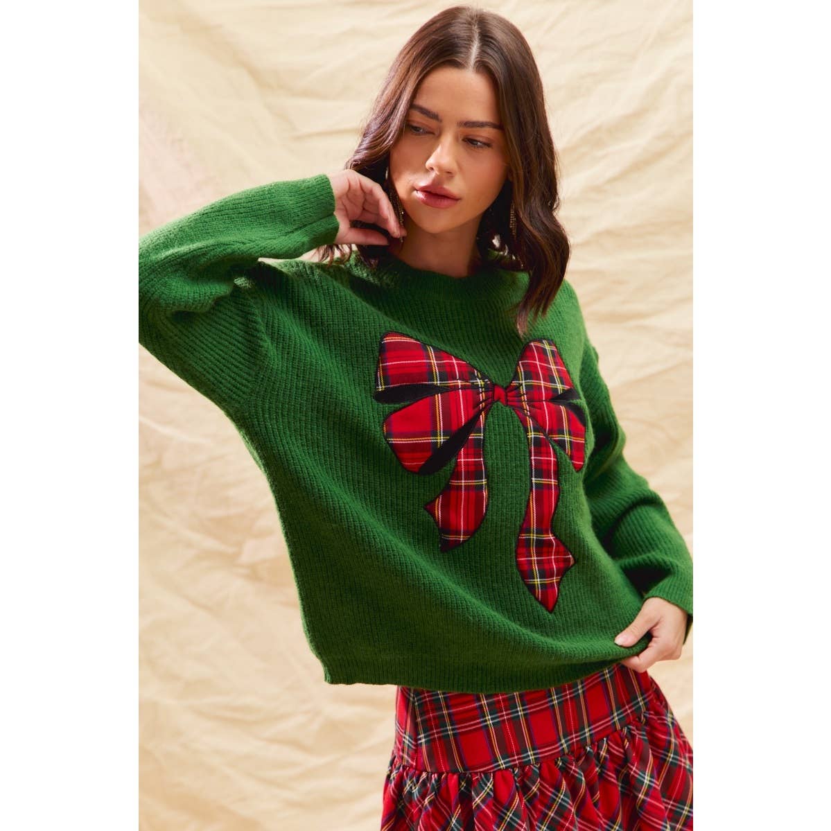 CHECKER PLAID RIBBON CHRISTMAS HOLIDAY SWEATER TOP
