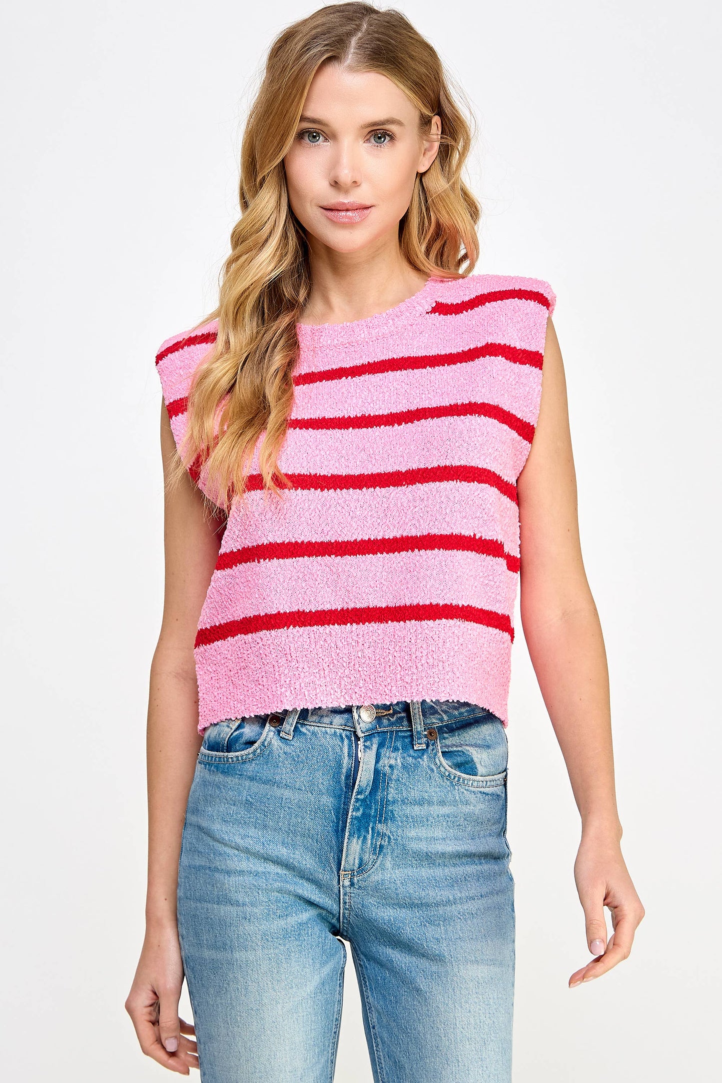 Shoulder Pad Sleeveless Textured Striped Knit Top