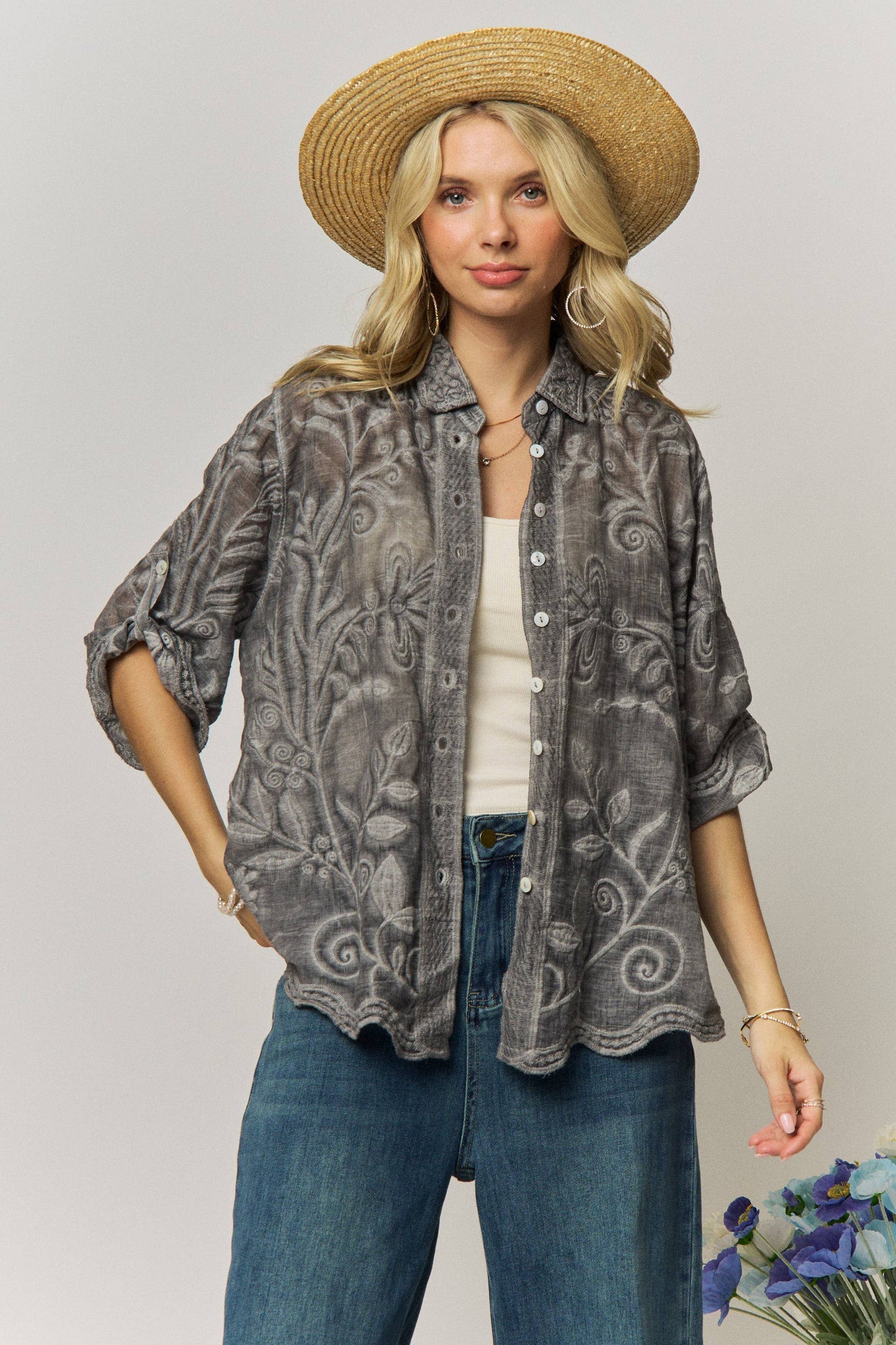 VINTAGE BOHO EMBROIDERED BUTTON-DOWN SHIRT