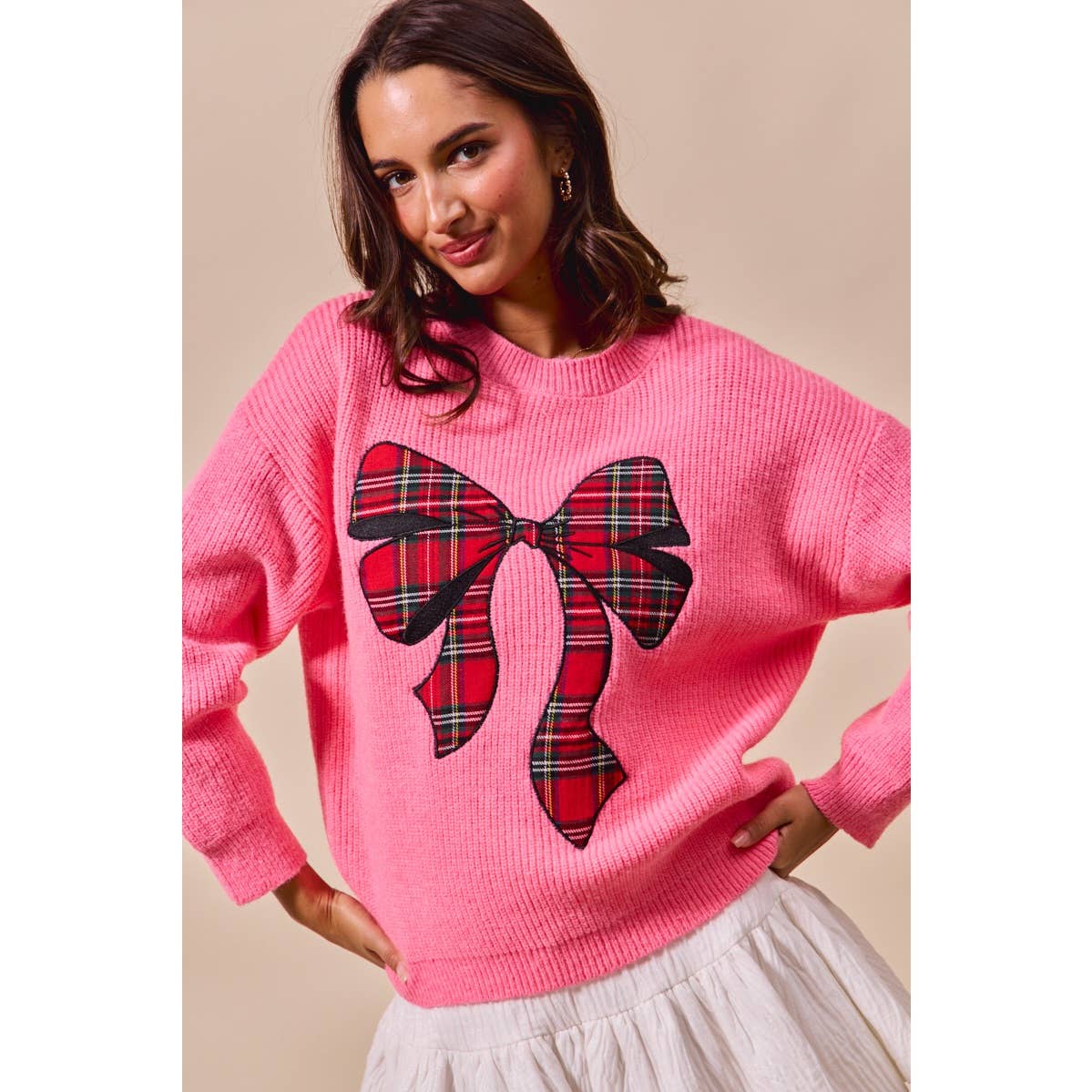 CHECKER PLAID RIBBON CHRISTMAS HOLIDAY SWEATER TOP