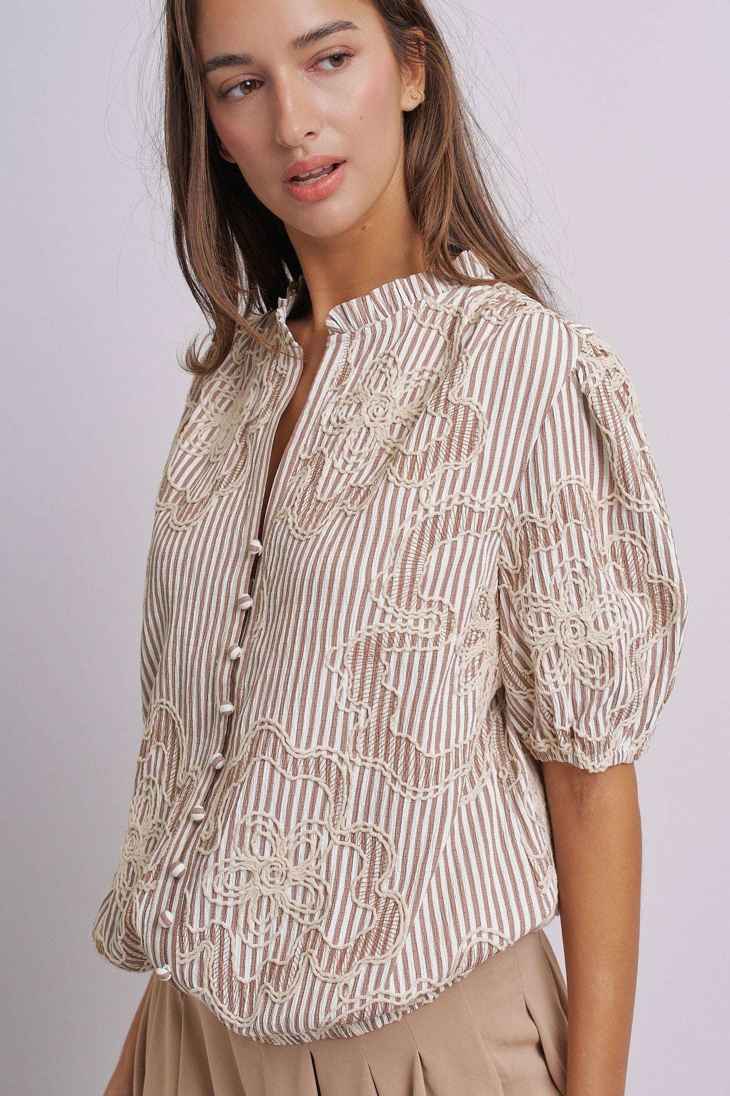 Corded Lace Embroidered Striped Puff Sleeve Blouse