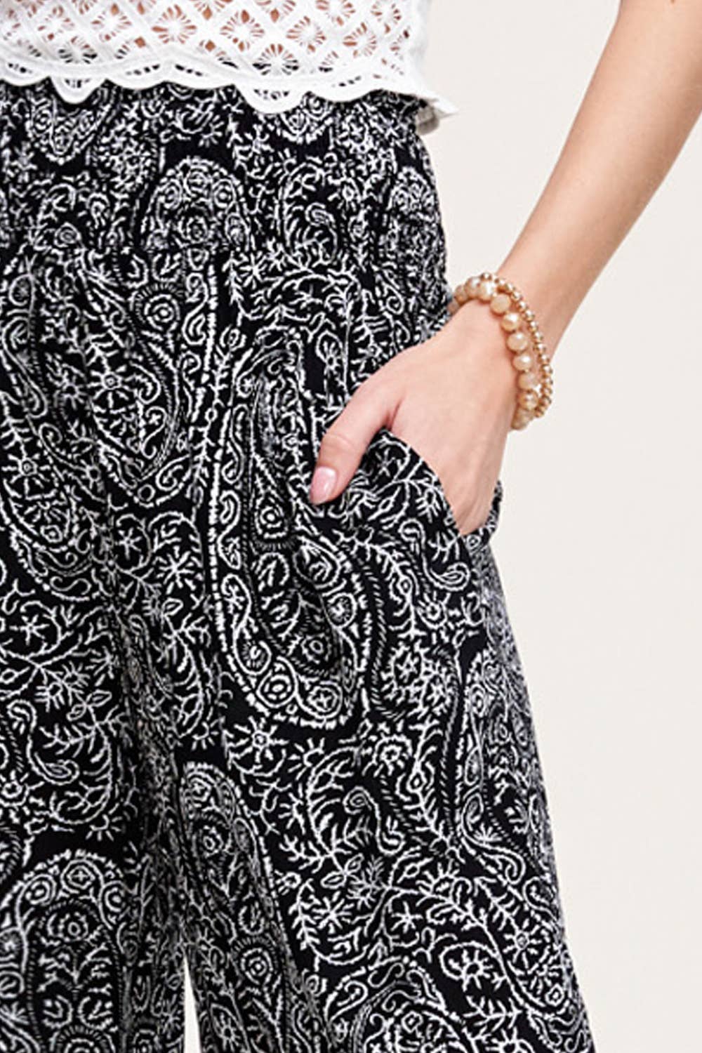Boho Paisley Print Wide Leg Flowy Pants with Pockets