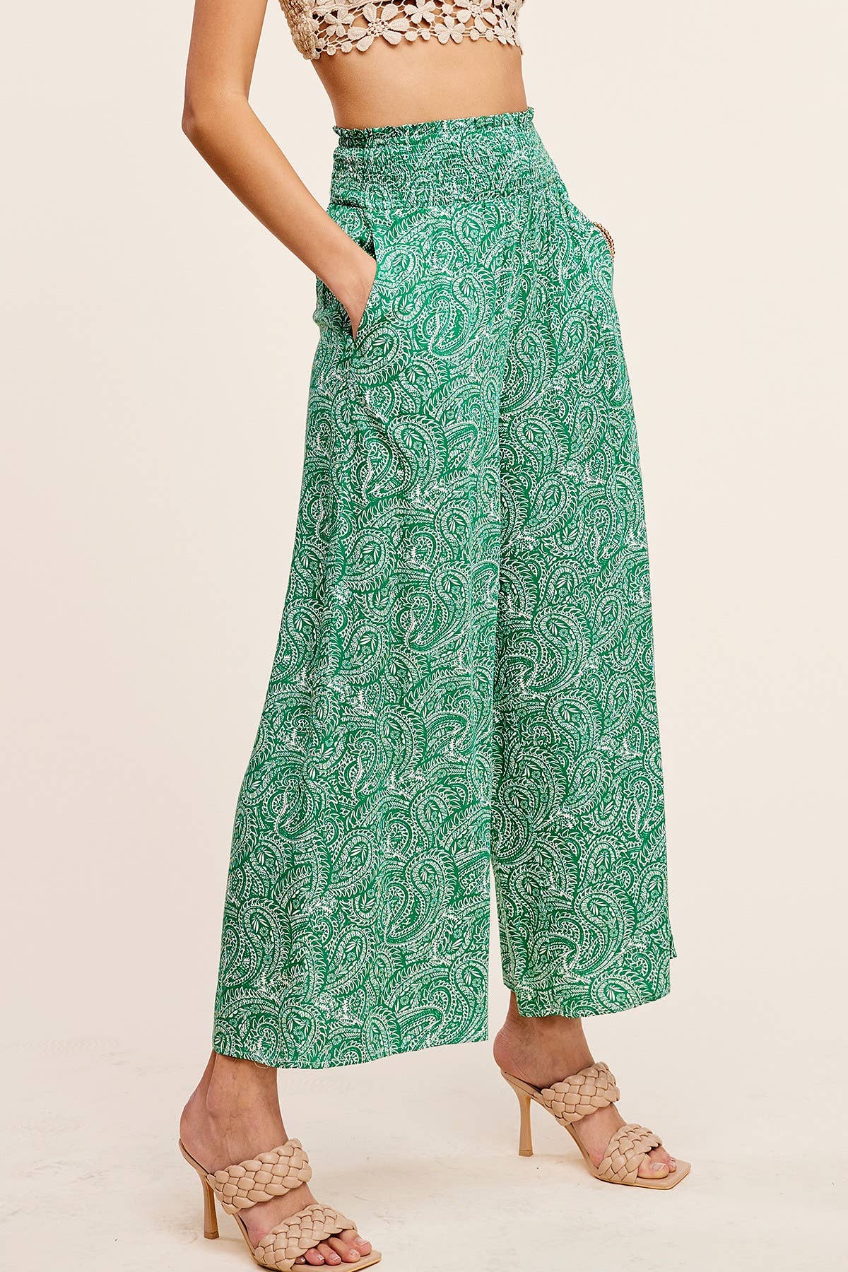 Boho Paisley Print Wide Leg Flowy Pants with Pockets