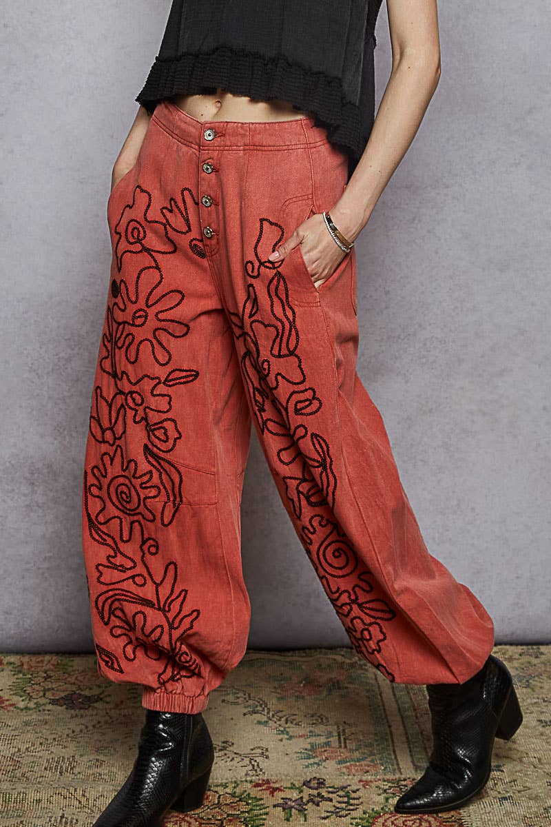 Floral embroidered  twill pants