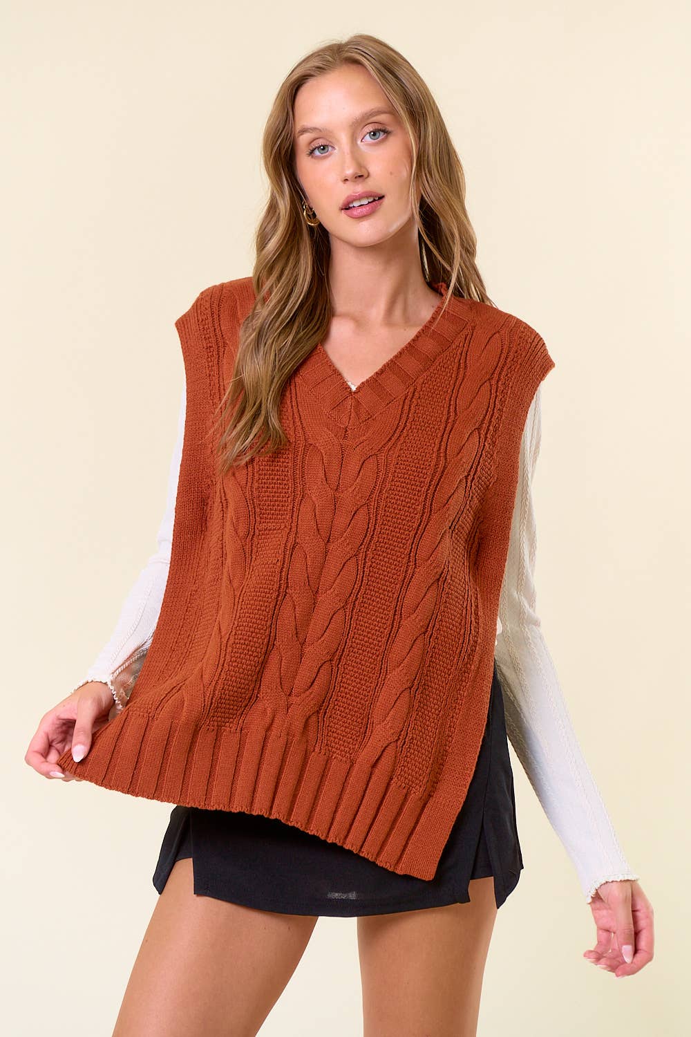 V-Neck Drop Shoulder Cable Sweater Vest