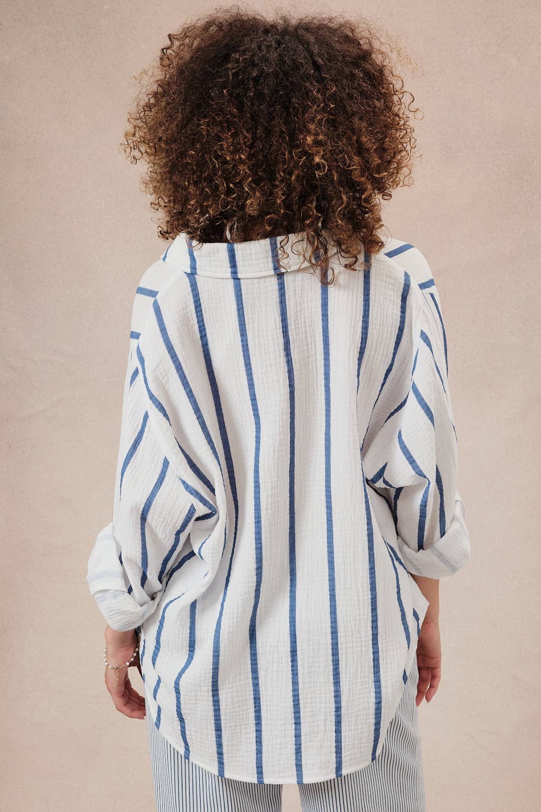 DOLMAN LONG SLEEVE BUTTON DOWN DOUBLE GAUZE STRIPE SHIRT