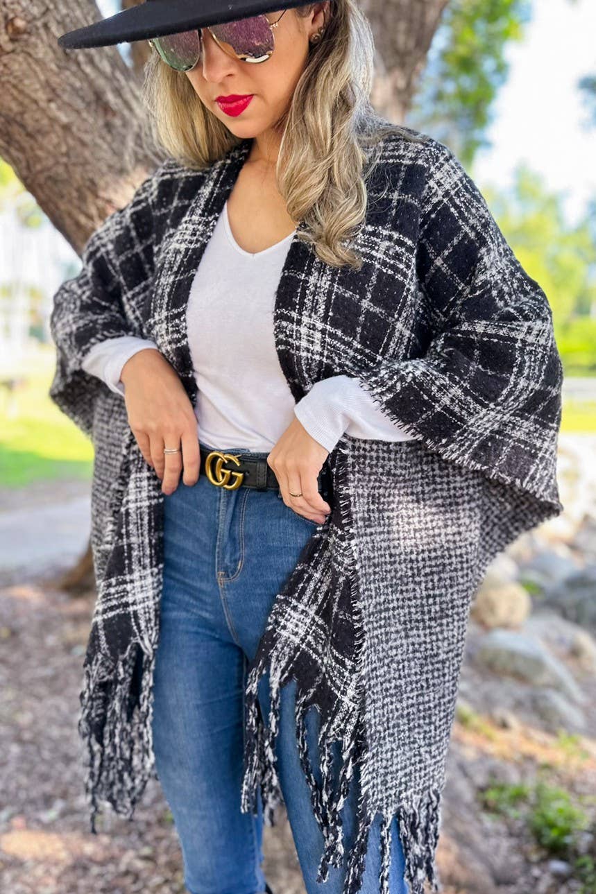 Black Plaid printed Reversible Knit Ruana Cape Cardigan