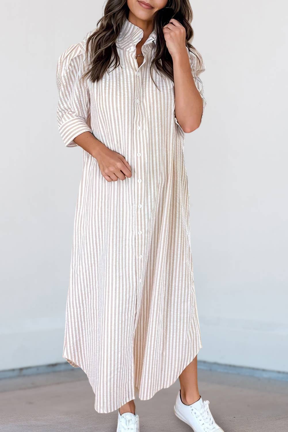 Stripe Frilled Collar Half Sleeve Shirt Maxi Dress
