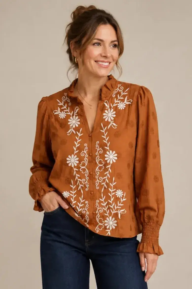 Embroidered Ruffle Neck Blouse