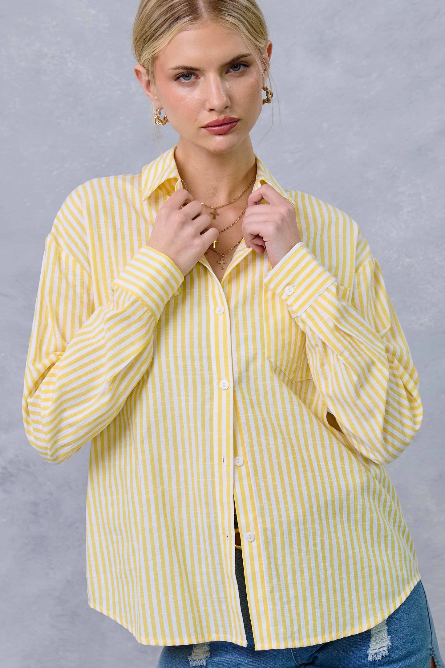 -Collared Contrast Stripe Button Down