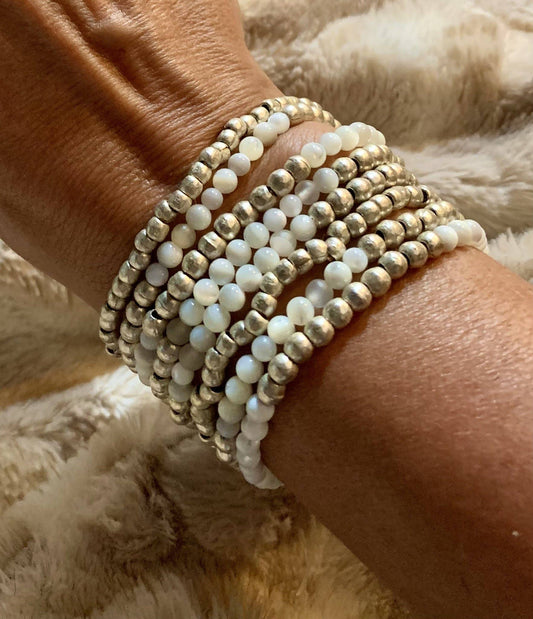 Trophy Wife white onyx and silver stretch bracelet set