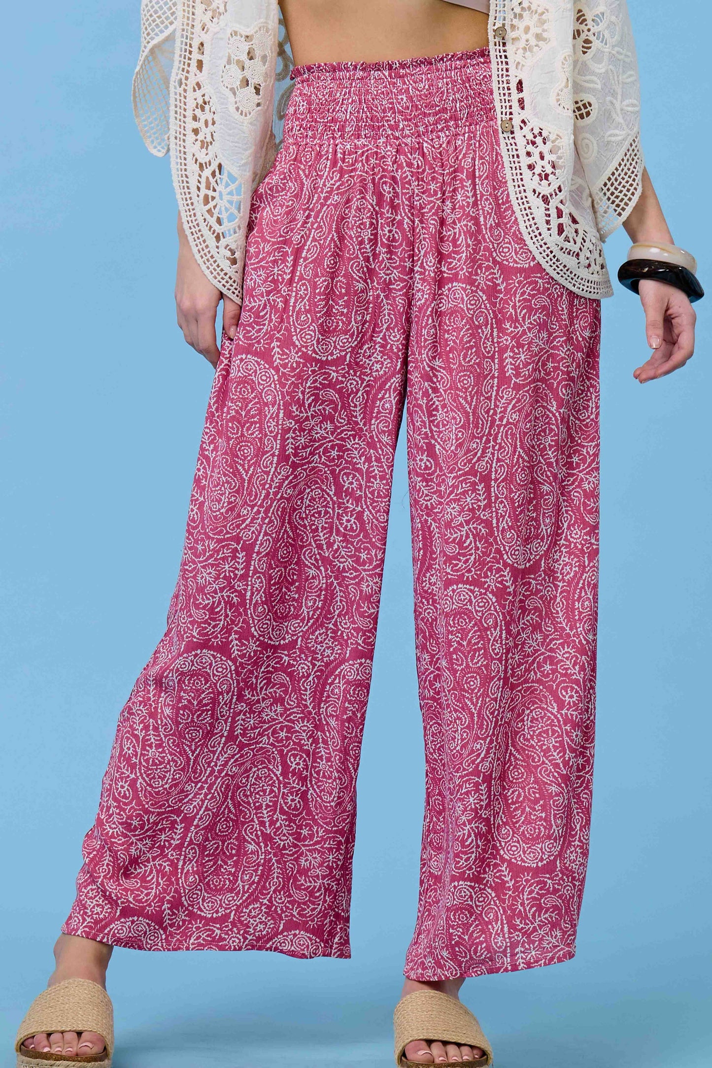 Boho Paisley Print Wide Leg Flowy Pants with Pockets