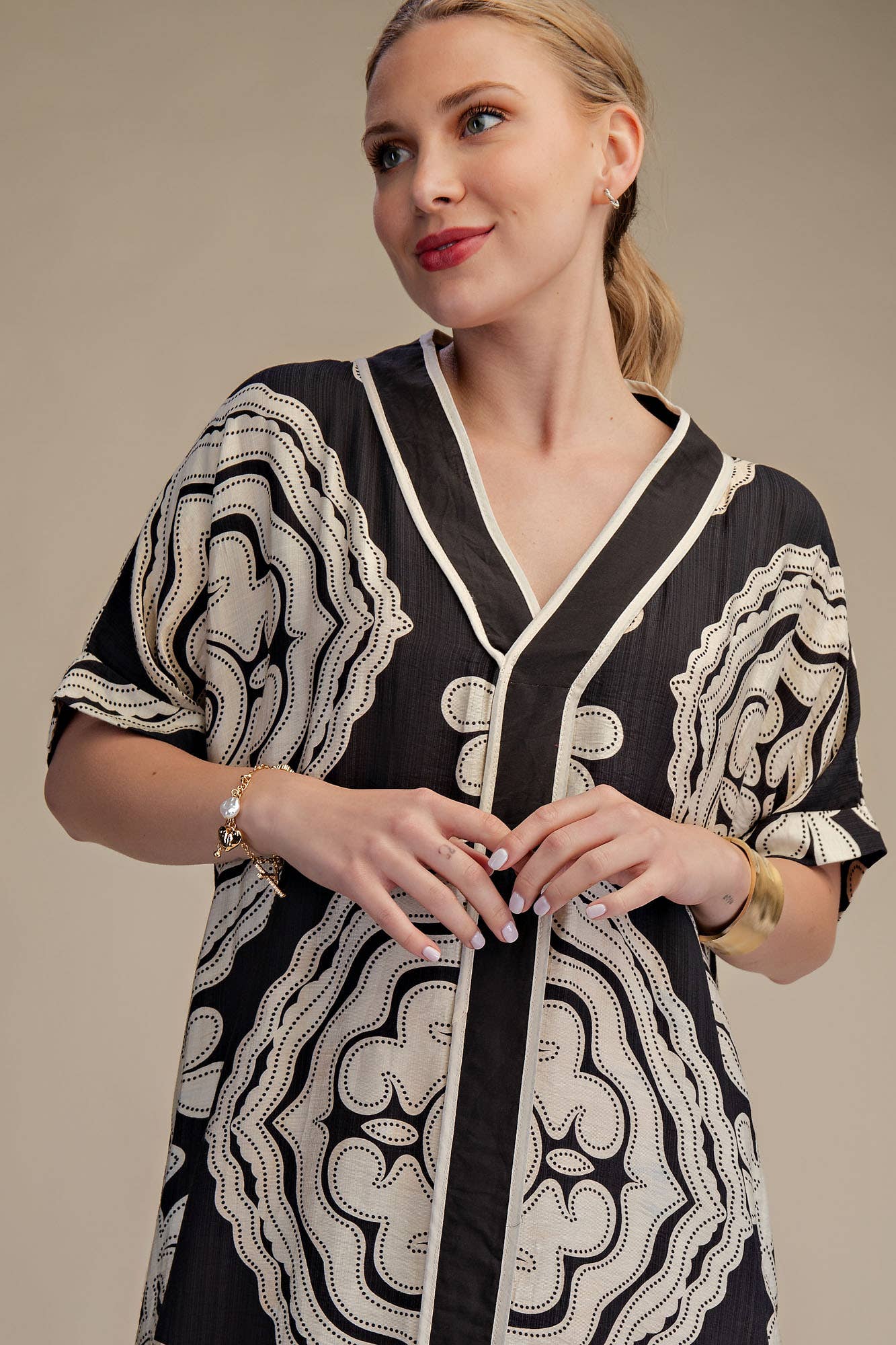 V-Neck Short Sleeve Maxi Print Dress