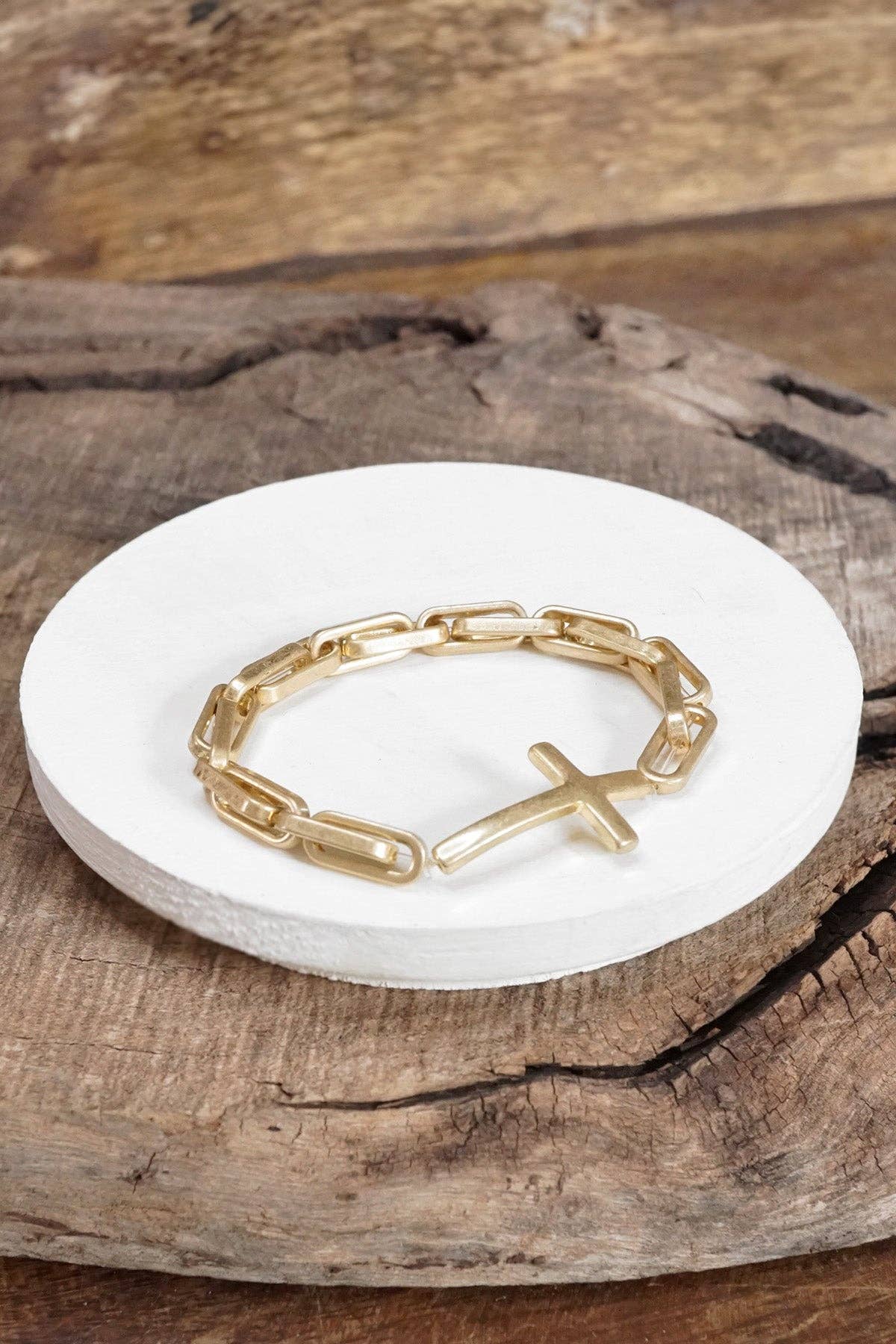 Sideways Cross bracelet worn gold silver tone stretch chain minimal style