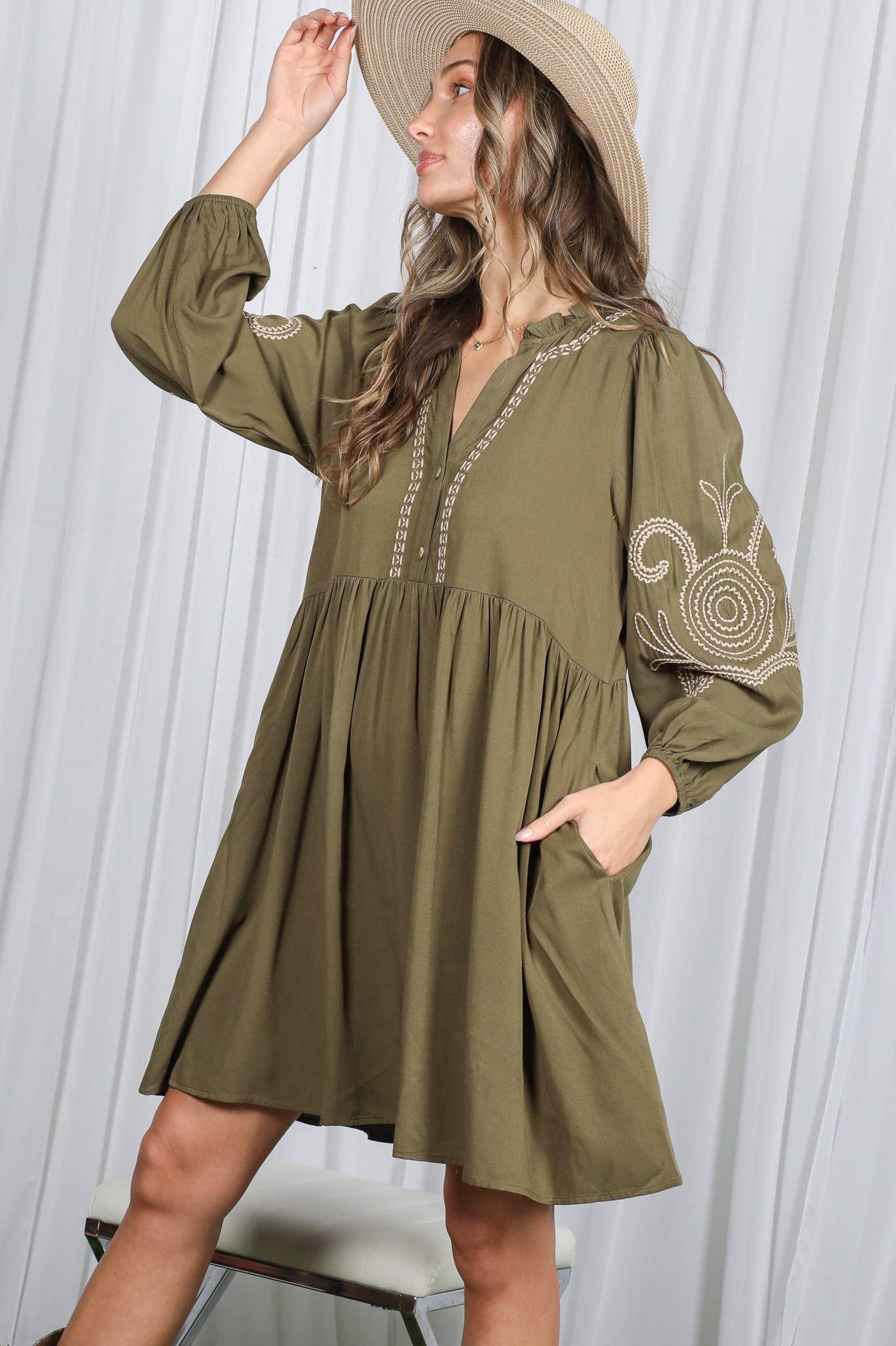 Paisley Embroidered V-Neck Baby Doll Mini Dress