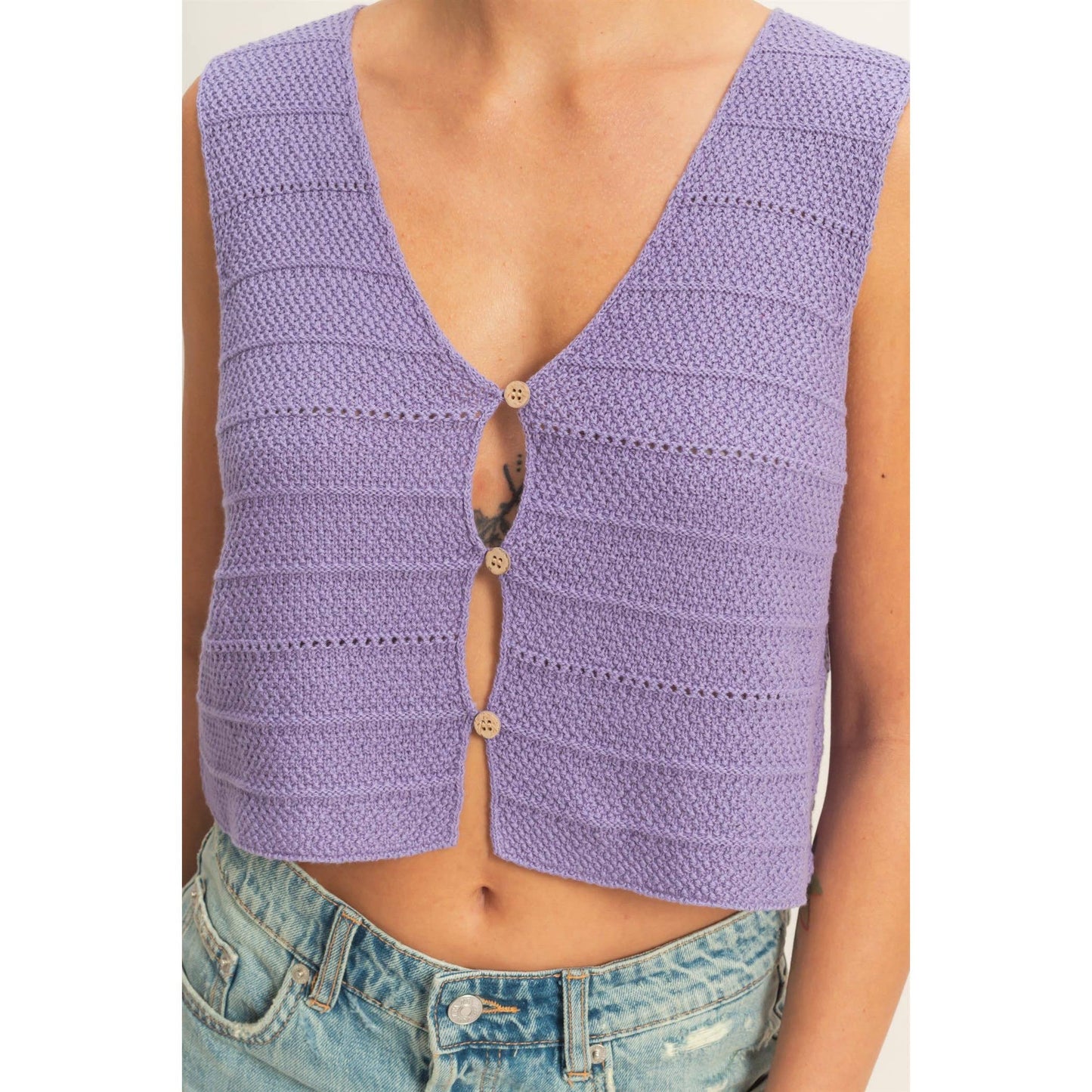 V-Neck Textured Sleeveless Knit Vest