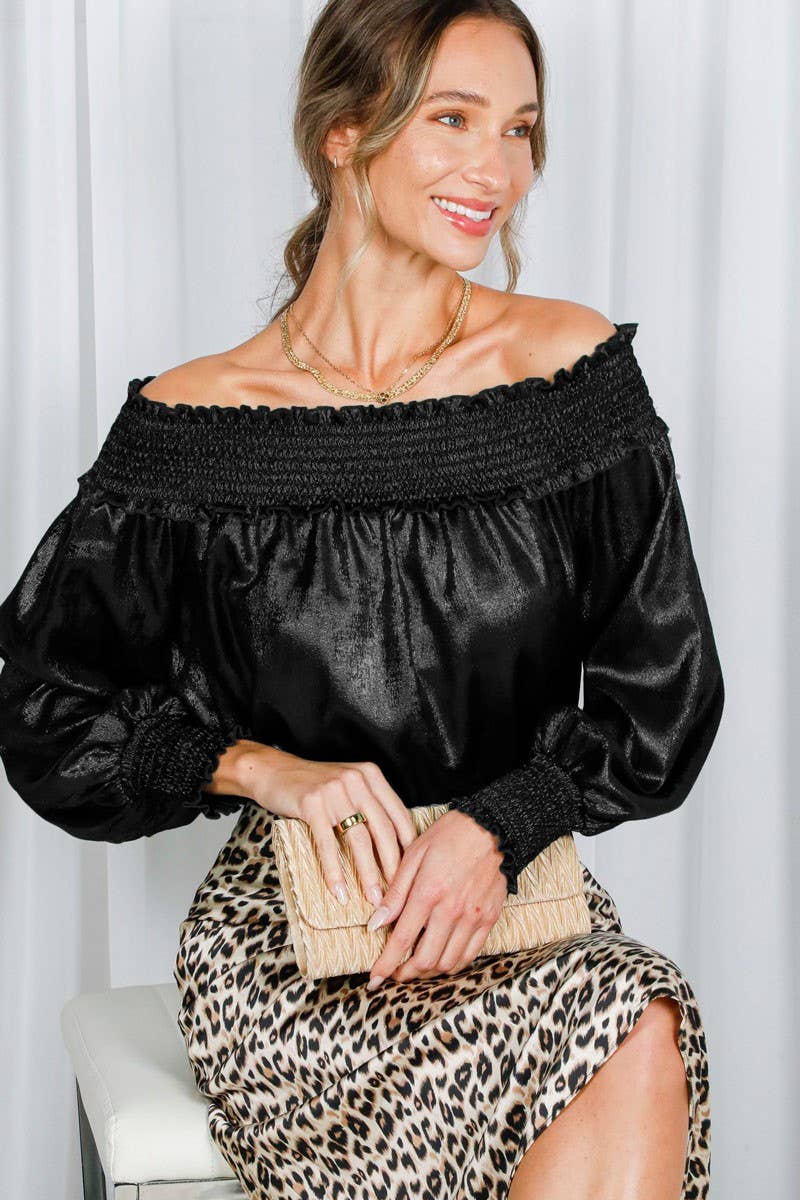 Metallic Woven Off-The-Shoulder Smocked Blouse