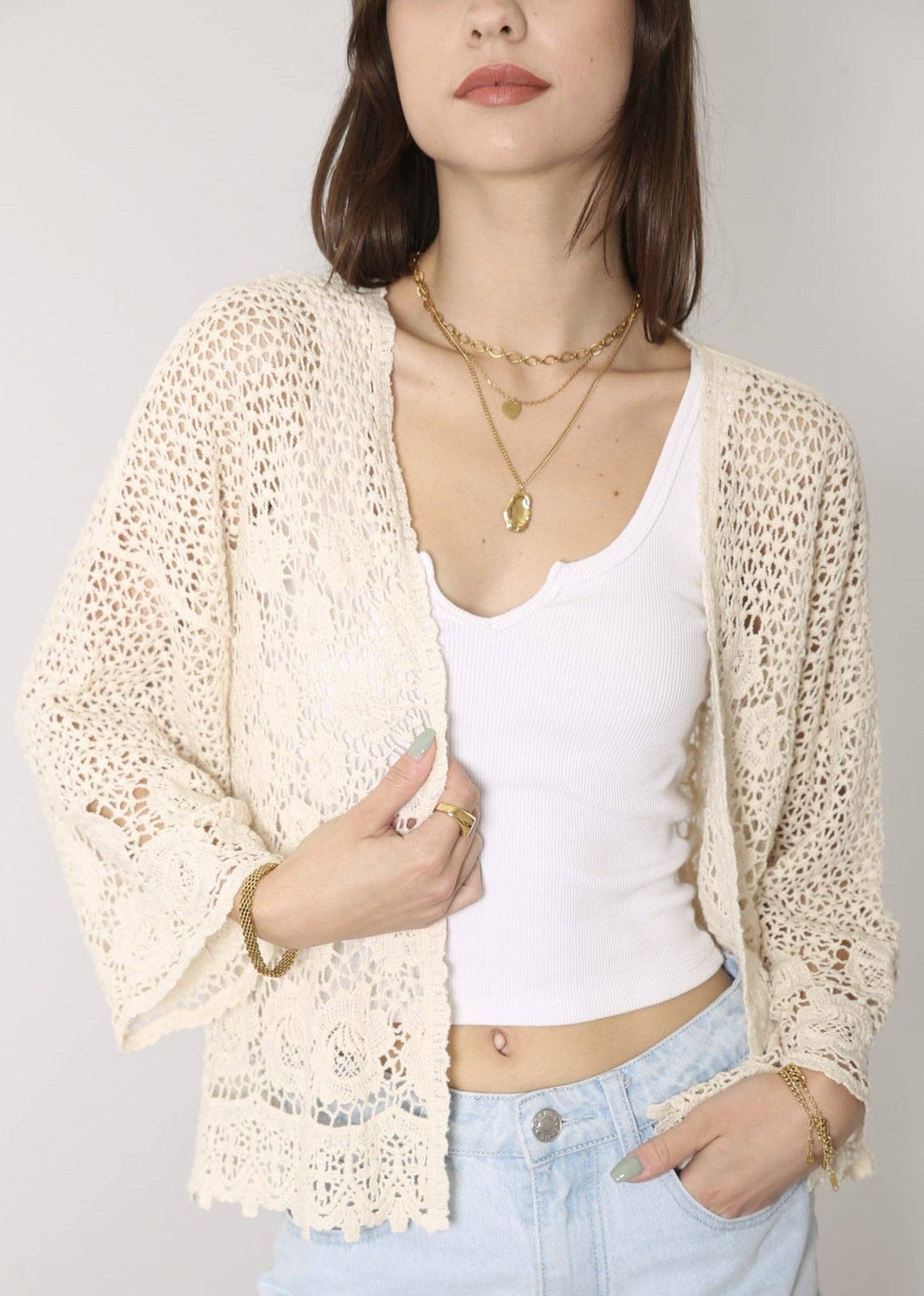 Embroidered Lace Kimono Crop Cardigan Half