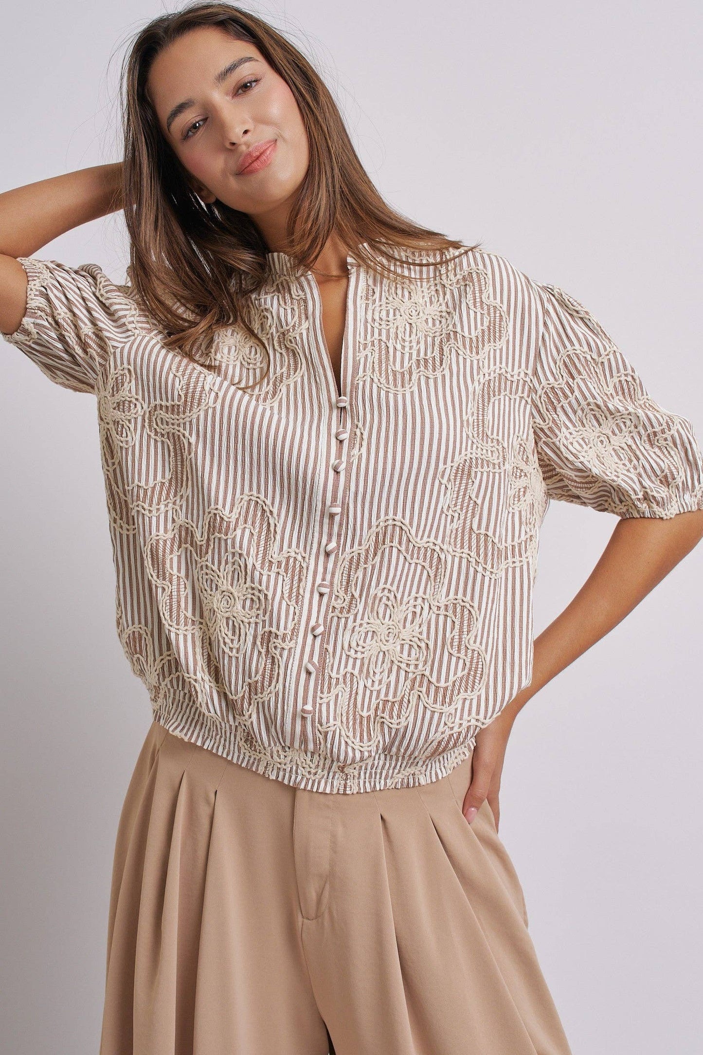 Corded Lace Embroidered Striped Puff Sleeve Blouse