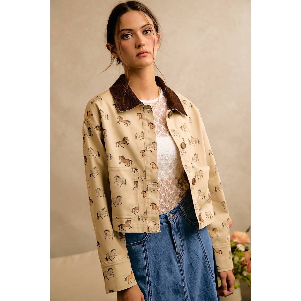 HORSE PRINT CORDUROY COLLAR JACKET
