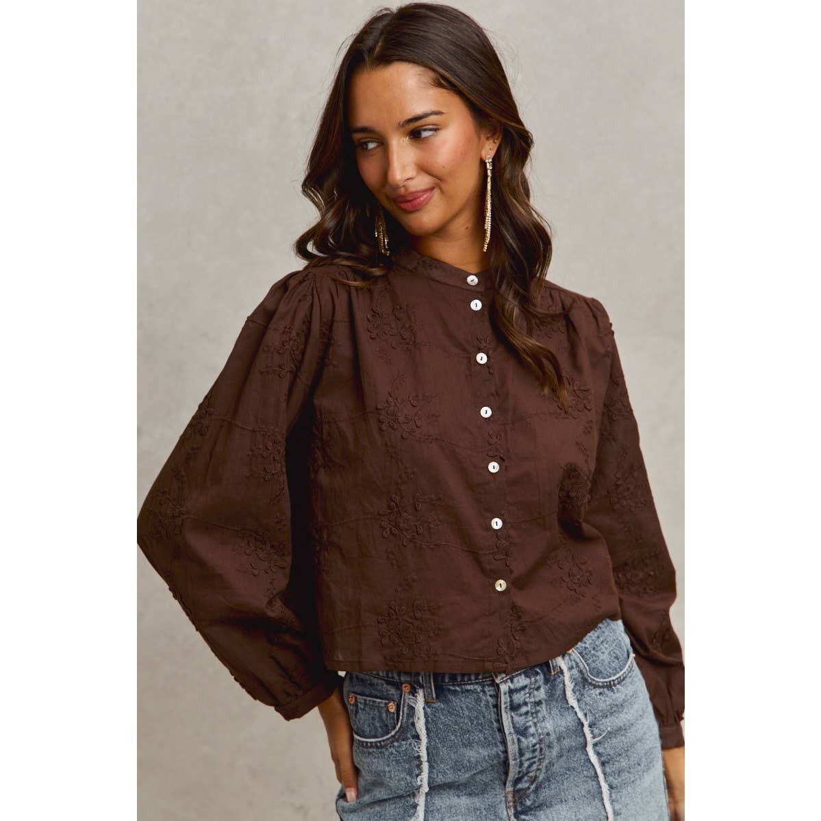 3D FLORAL WOVEN LONG SLEEVE FRONT BUTTON SHIRT