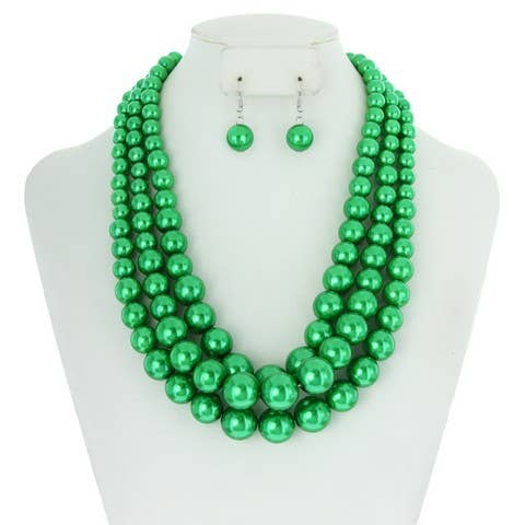 PEARL BEADED NECKLACE EARRING SET - Green