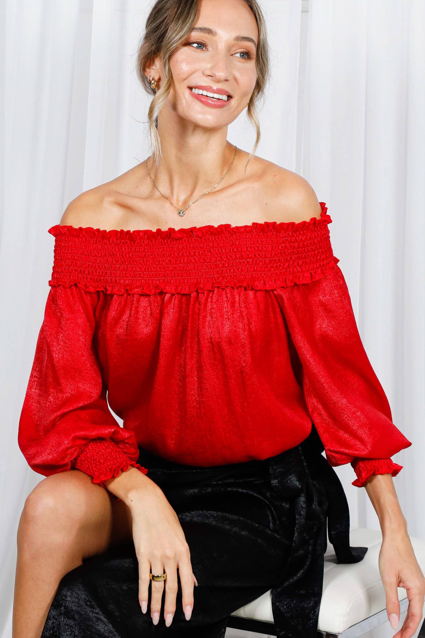 Metallic Woven Off-The-Shoulder Smocked Blouse