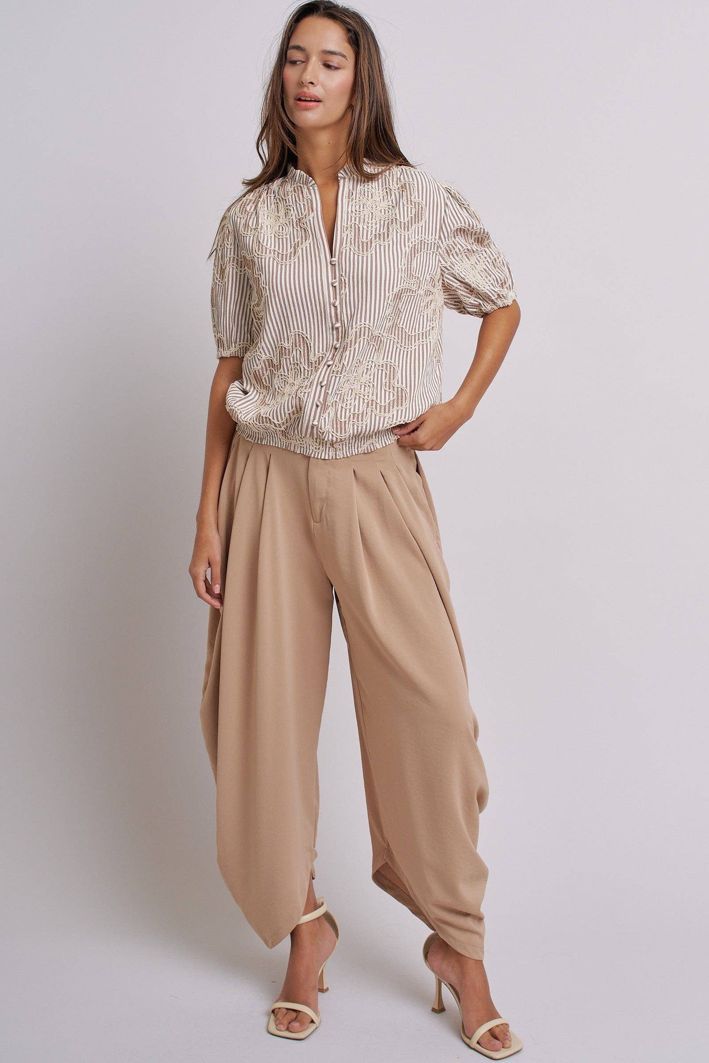 Corded Lace Embroidered Striped Puff Sleeve Blouse
