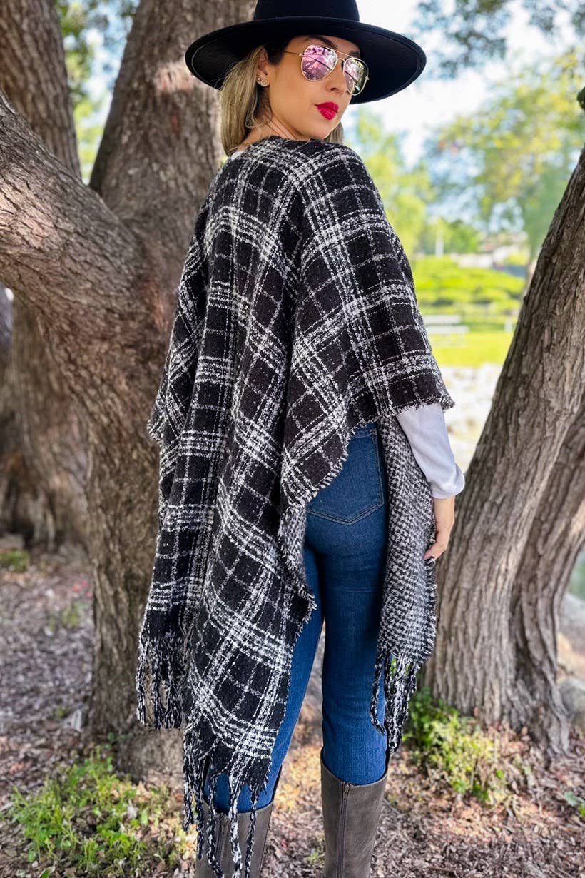 Black Plaid printed Reversible Knit Ruana Cape Cardigan