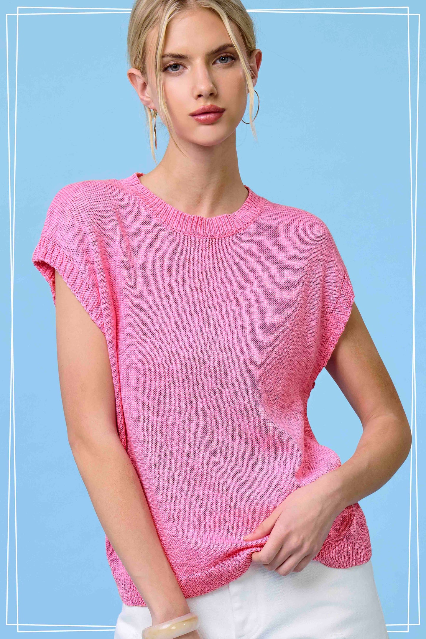 Loose Fit Sleeveless Ribbed Knit Mock Crew Neck Top