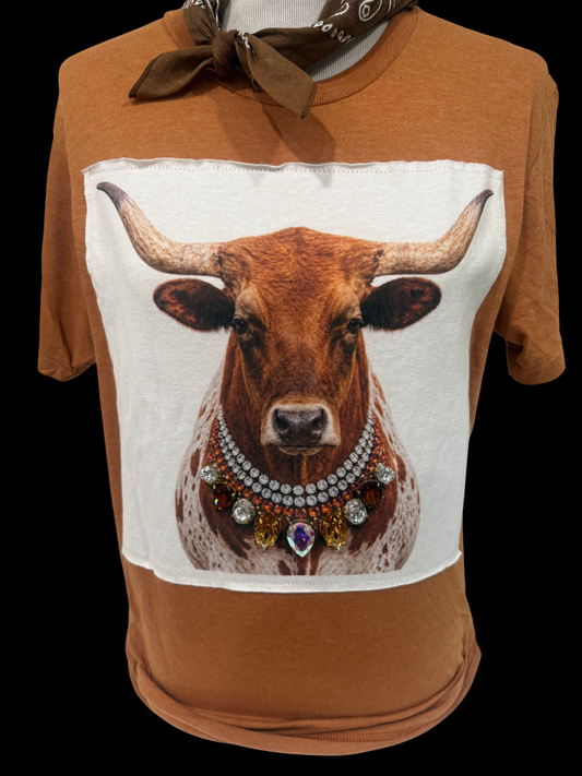 Jeweled Collar Longhorn patch on Burnt Orange Crew