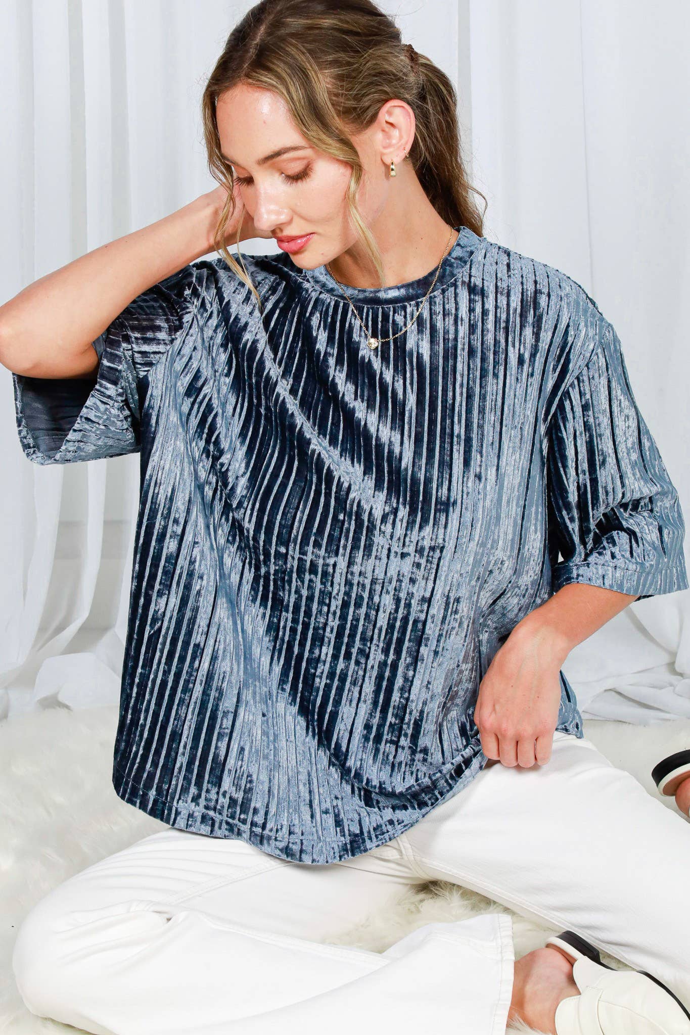 Pleated Velvet Crew Neck Band Short-Sleeve Top