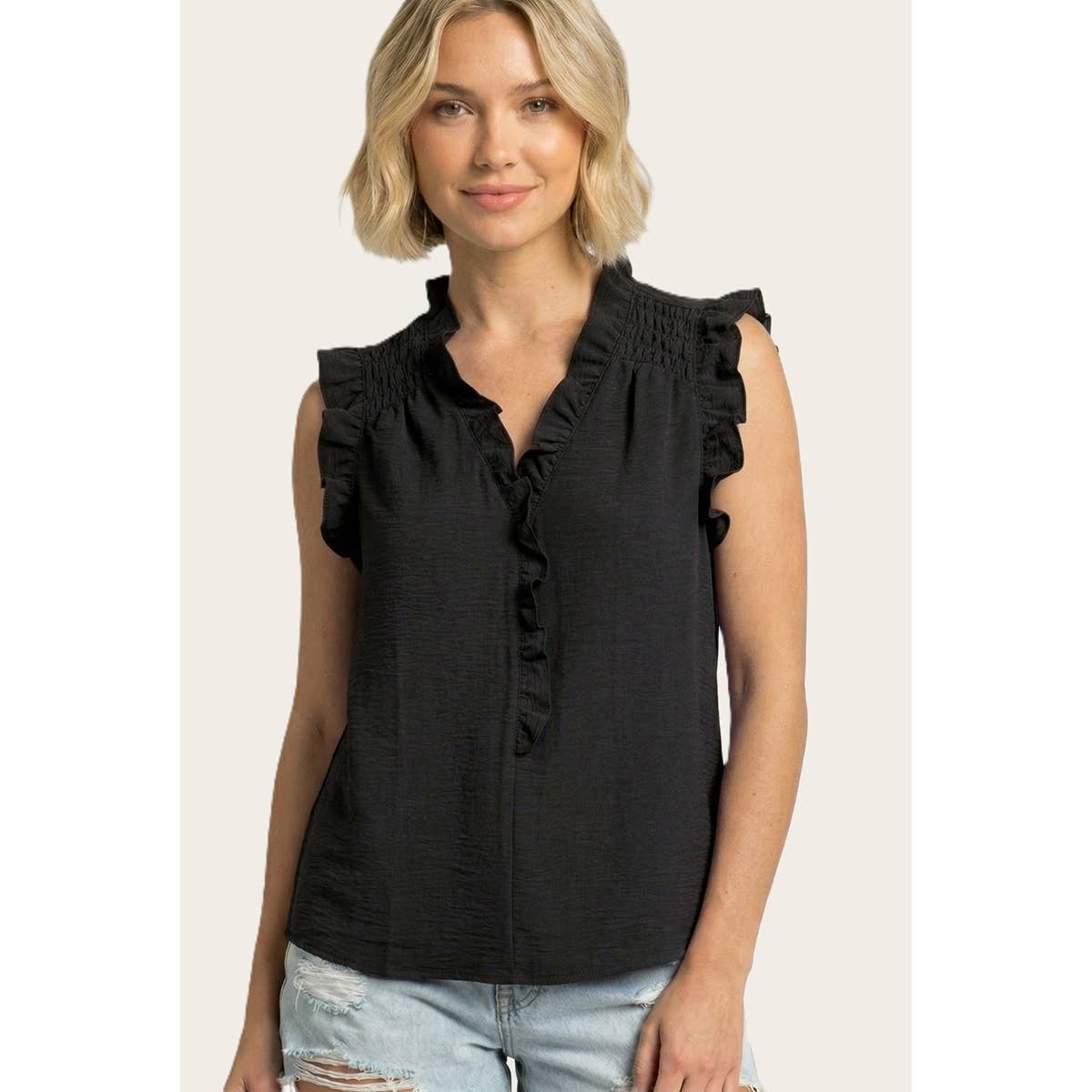 FRILLED Y SPLIT NECK SMOCKED SHOULDER TOP