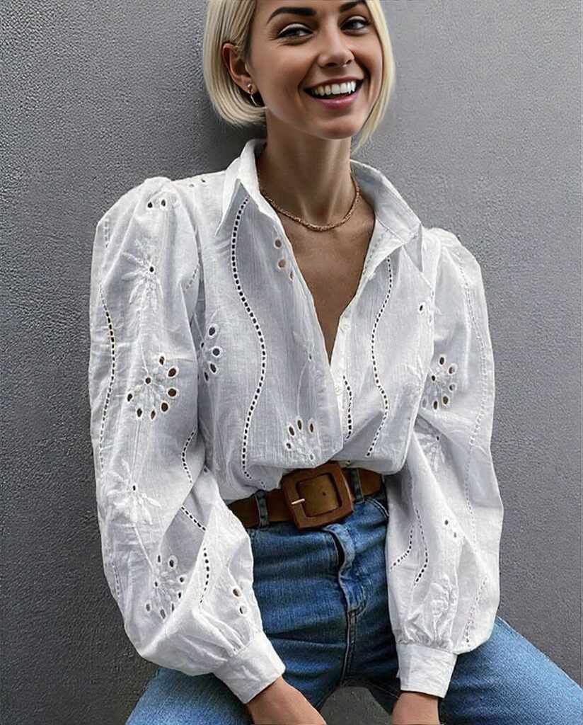 Embroidered Eyelet Long Sleeve Button-Up Blouse