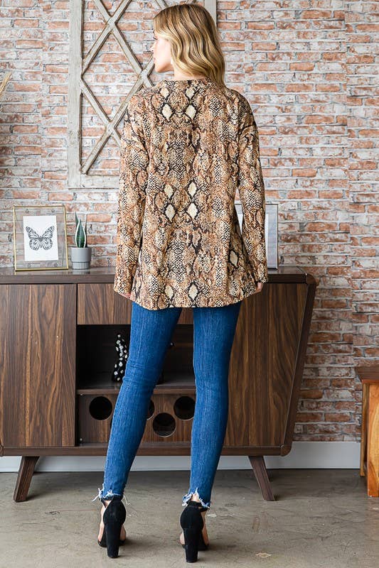 Snake Print Top with Long Sleeves and Side Slit