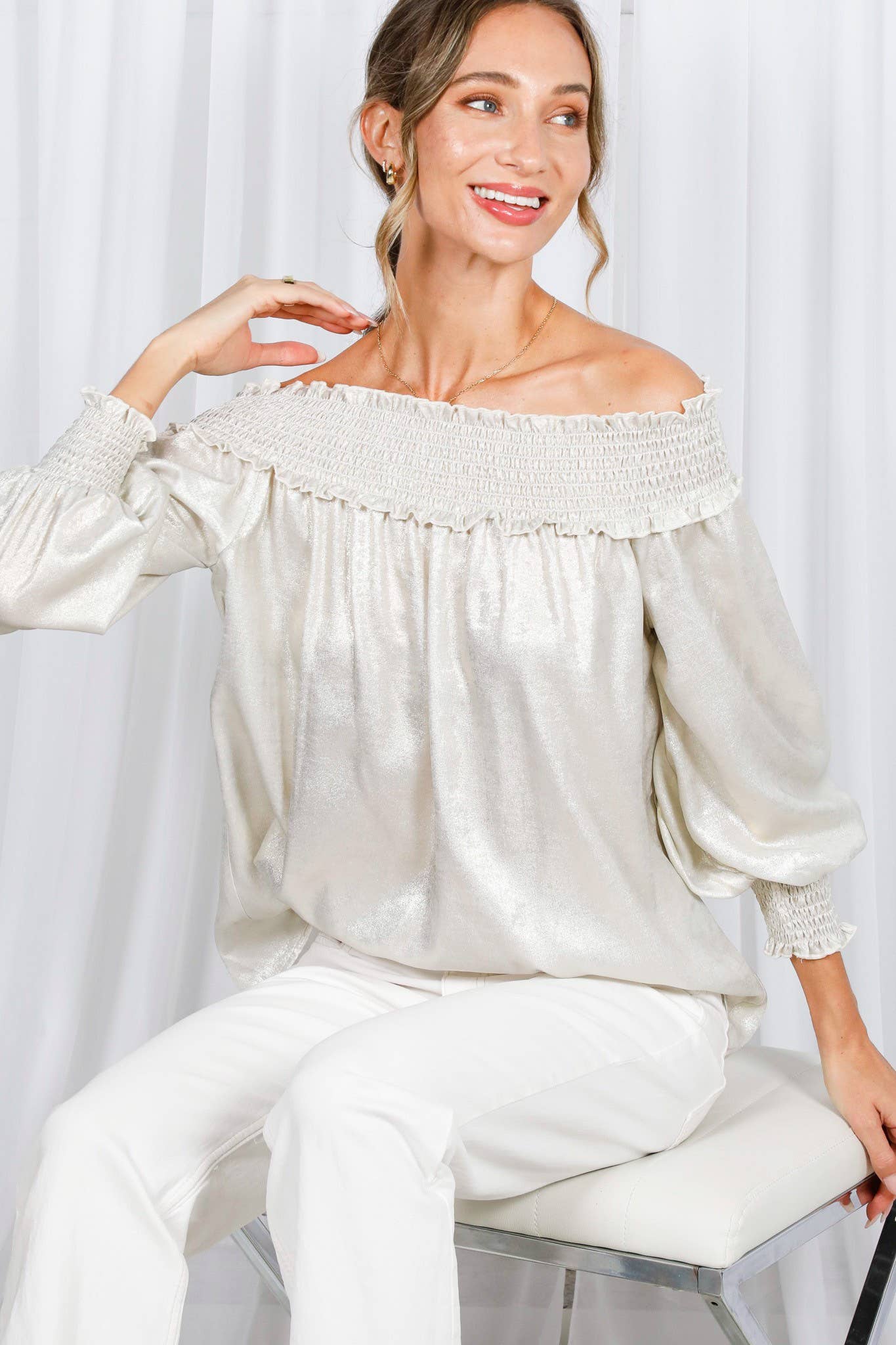 Metallic Woven Off-The-Shoulder Smocked Blouse