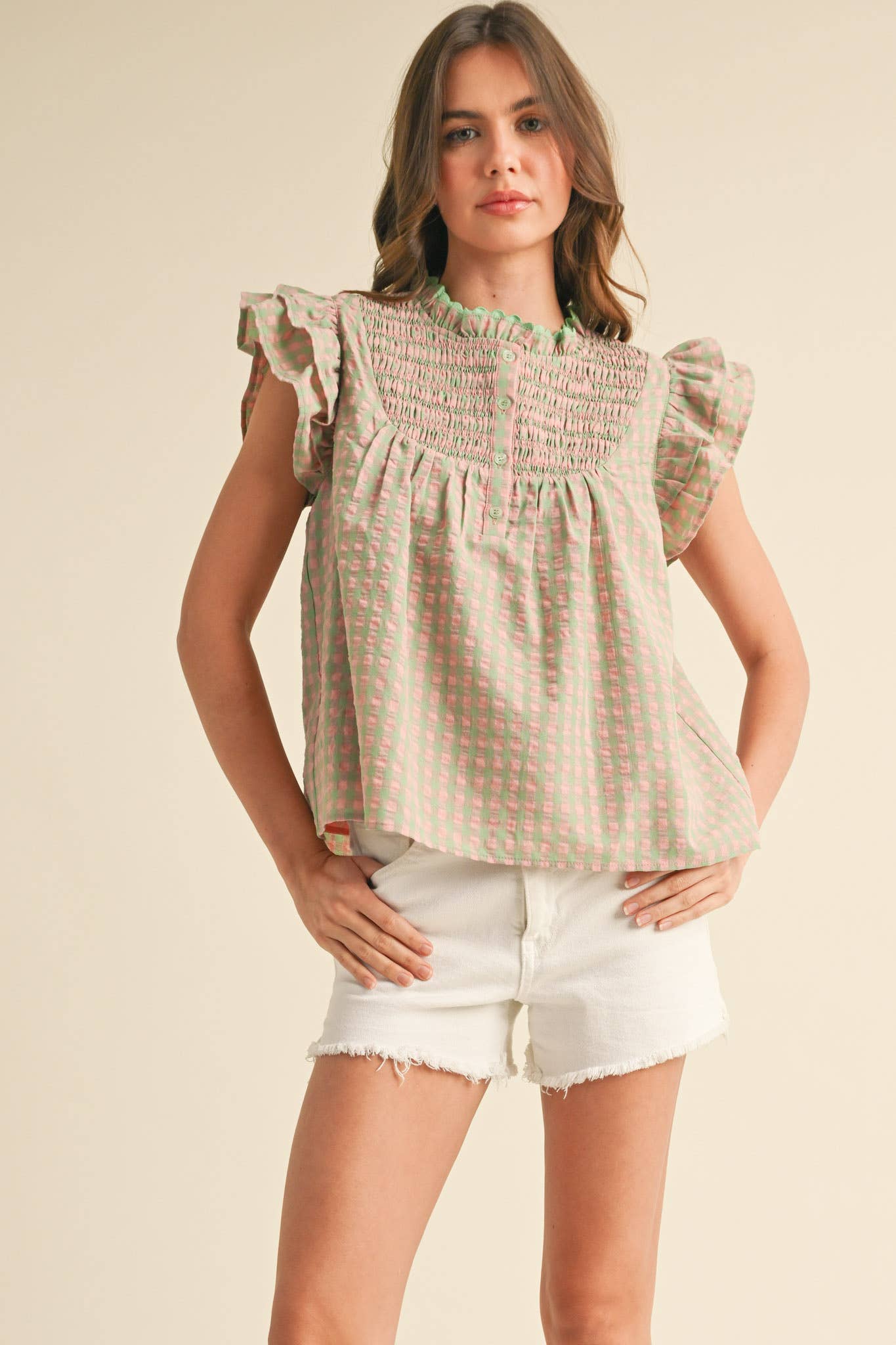 GINGHAM FLUTTER SLEEVE TOP