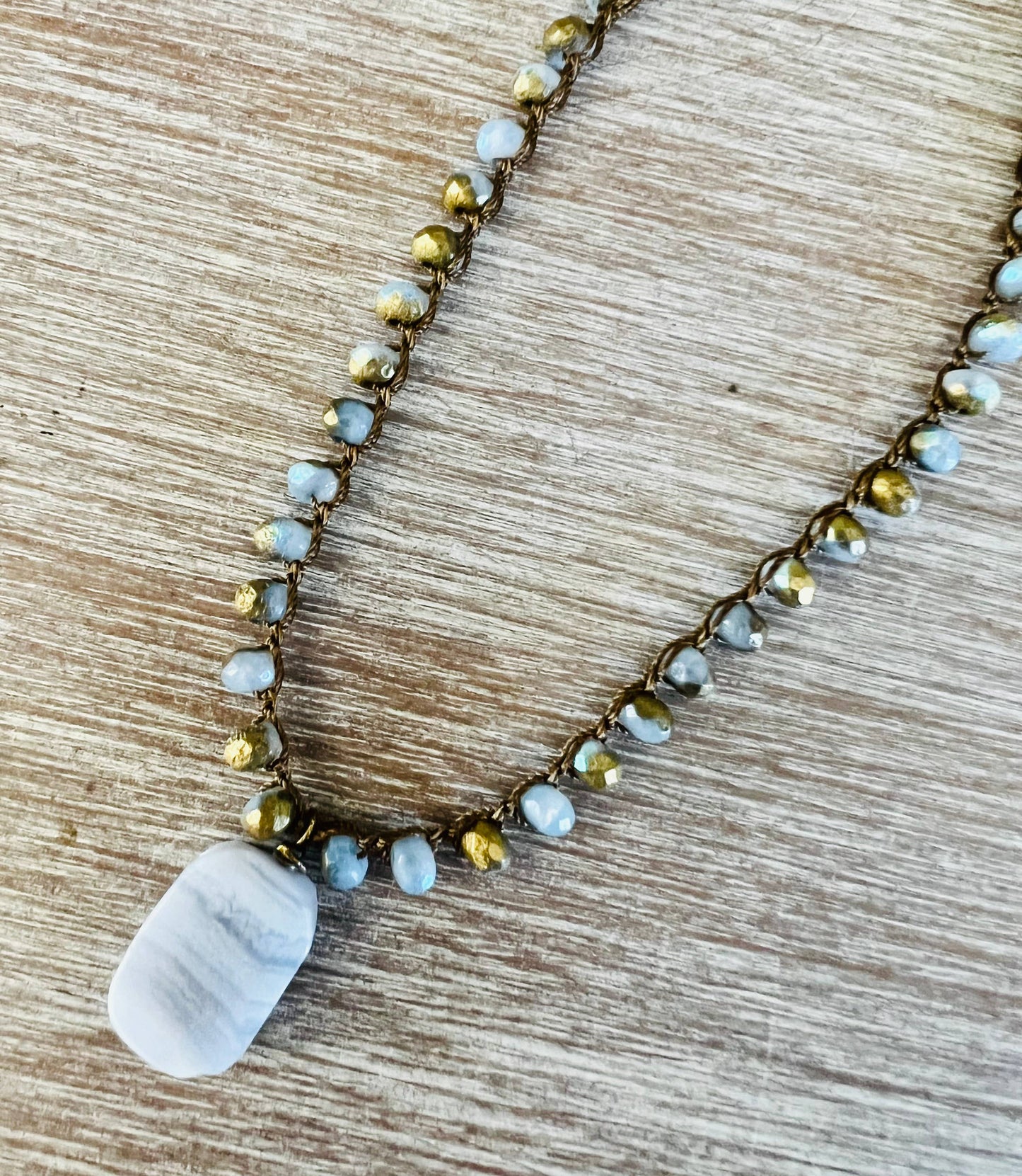 Blue Lace Agate Natural Stone Necklace With Autumn Gold
