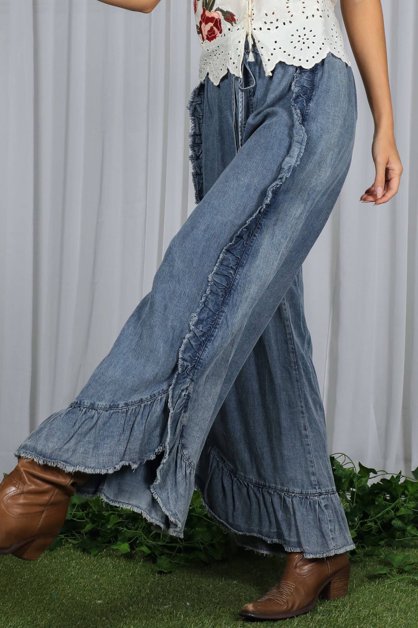 Flared Ruffle Hem Washed Chambray Crop Denim Pants