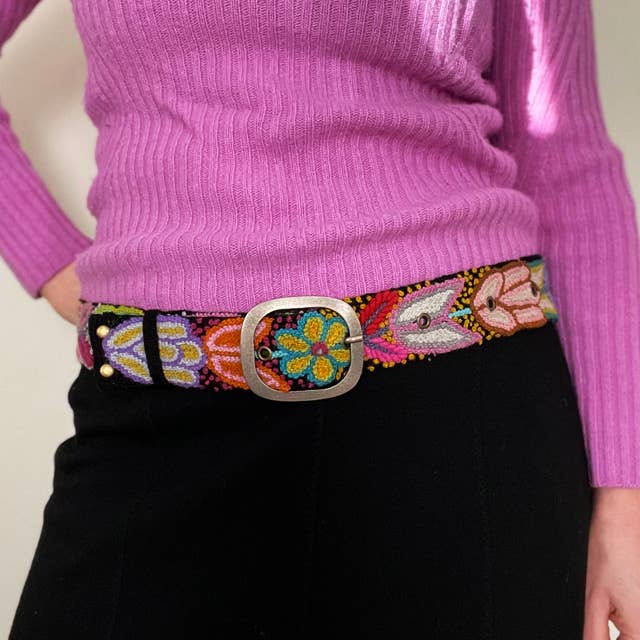 Folklorica Floral Embroidered Wool Belt, Black