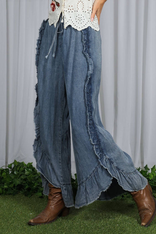 Flared Ruffle Hem Washed Chambray Crop Denim Pants