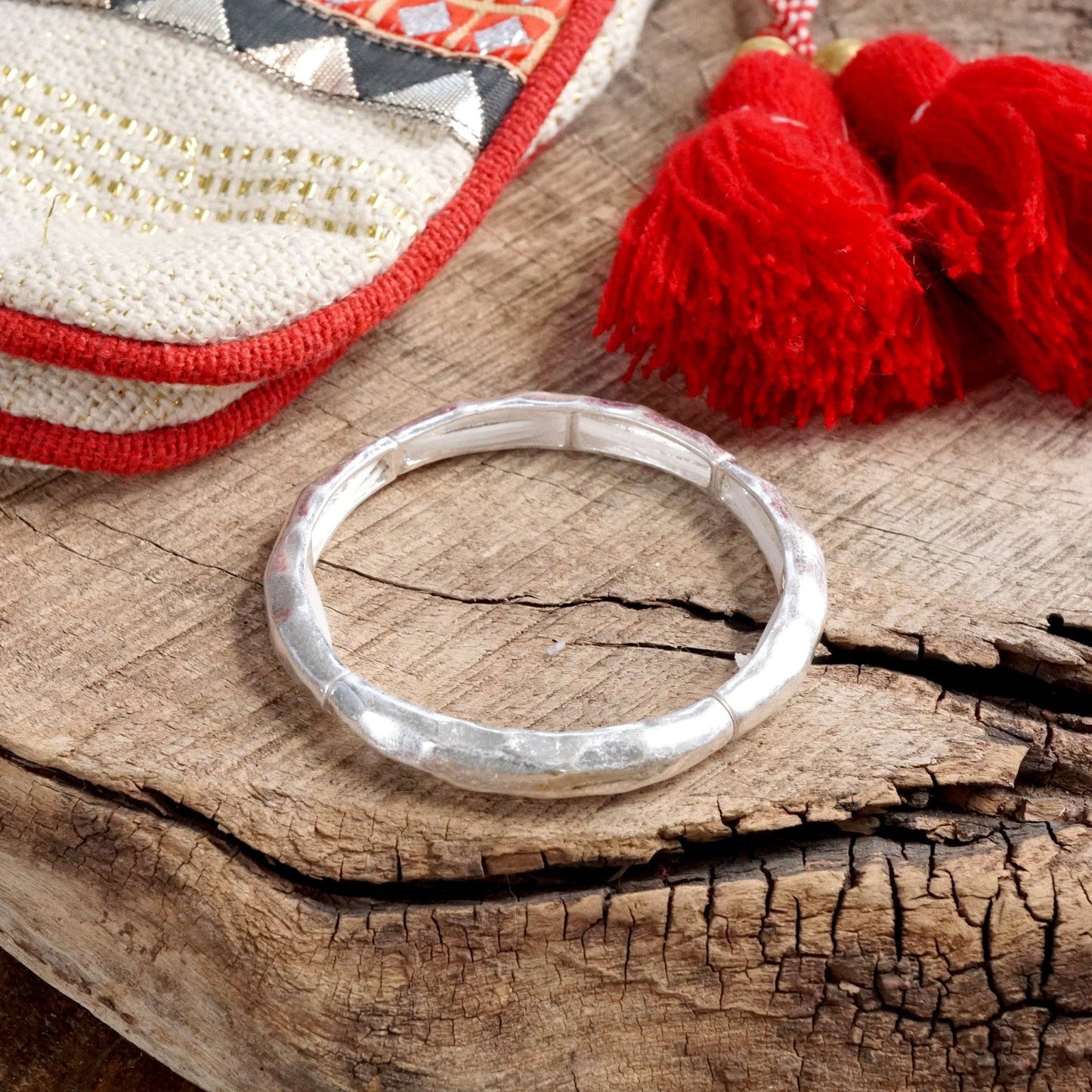 Boho Stretchy Minimalist Bangle Raw Textured Worn Silver tones