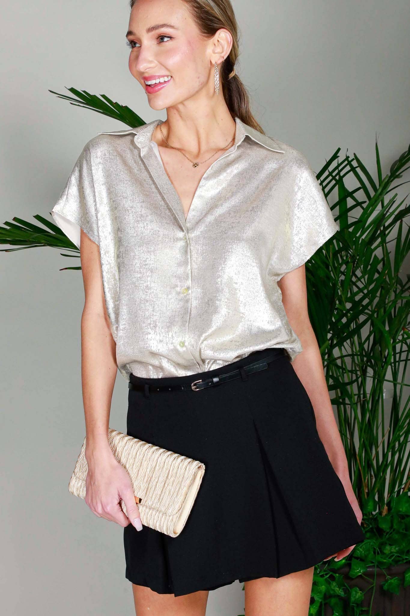 Collared Neckline Short-Sleeve Metallic Woven Top