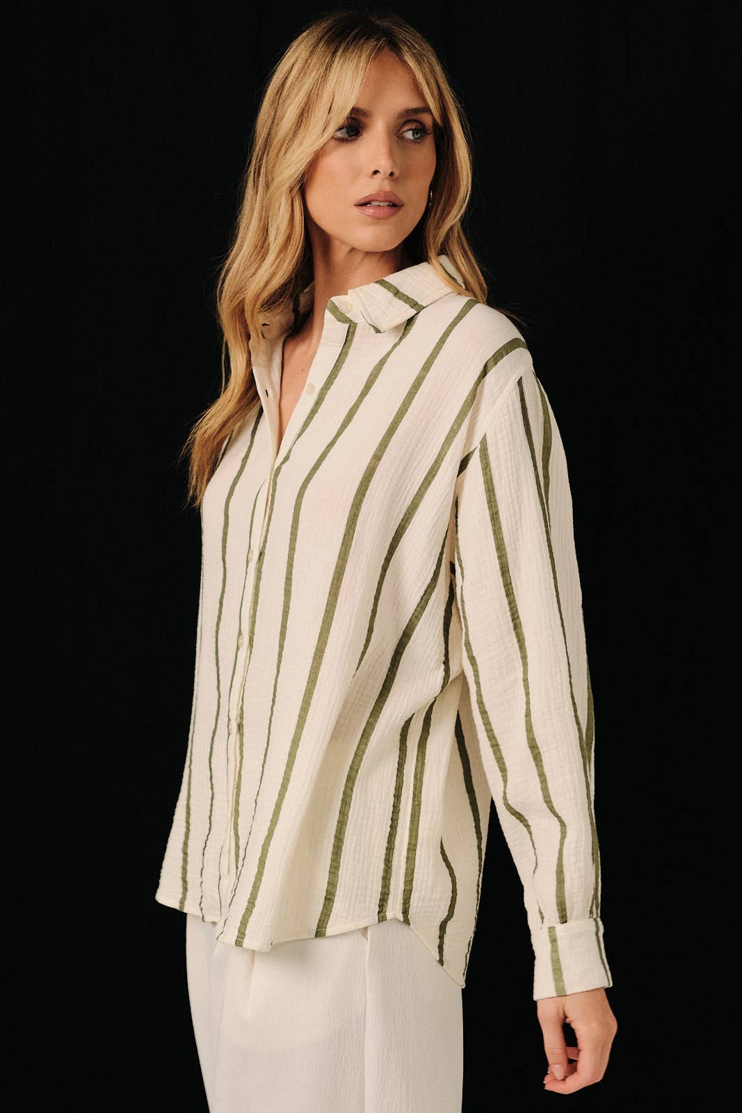 DOLMAN LONG SLEEVE BUTTON DOWN DOUBLE GAUZE STRIPE SHIRT