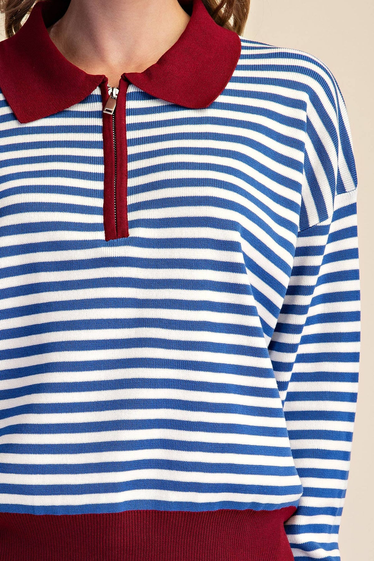 Collar Zip Neck Long Sleeve Stripe Sweater
