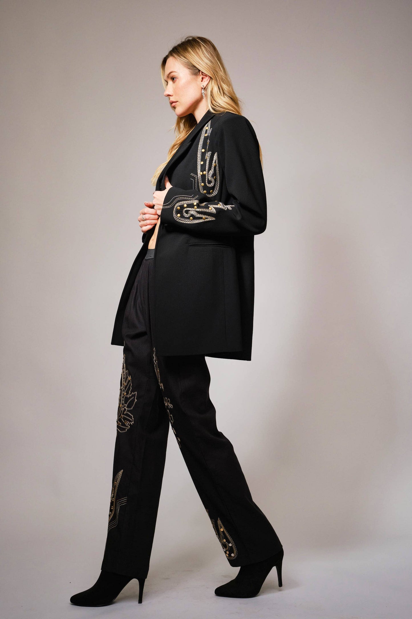 Twill Embroidered Stitchwork Studded Pants