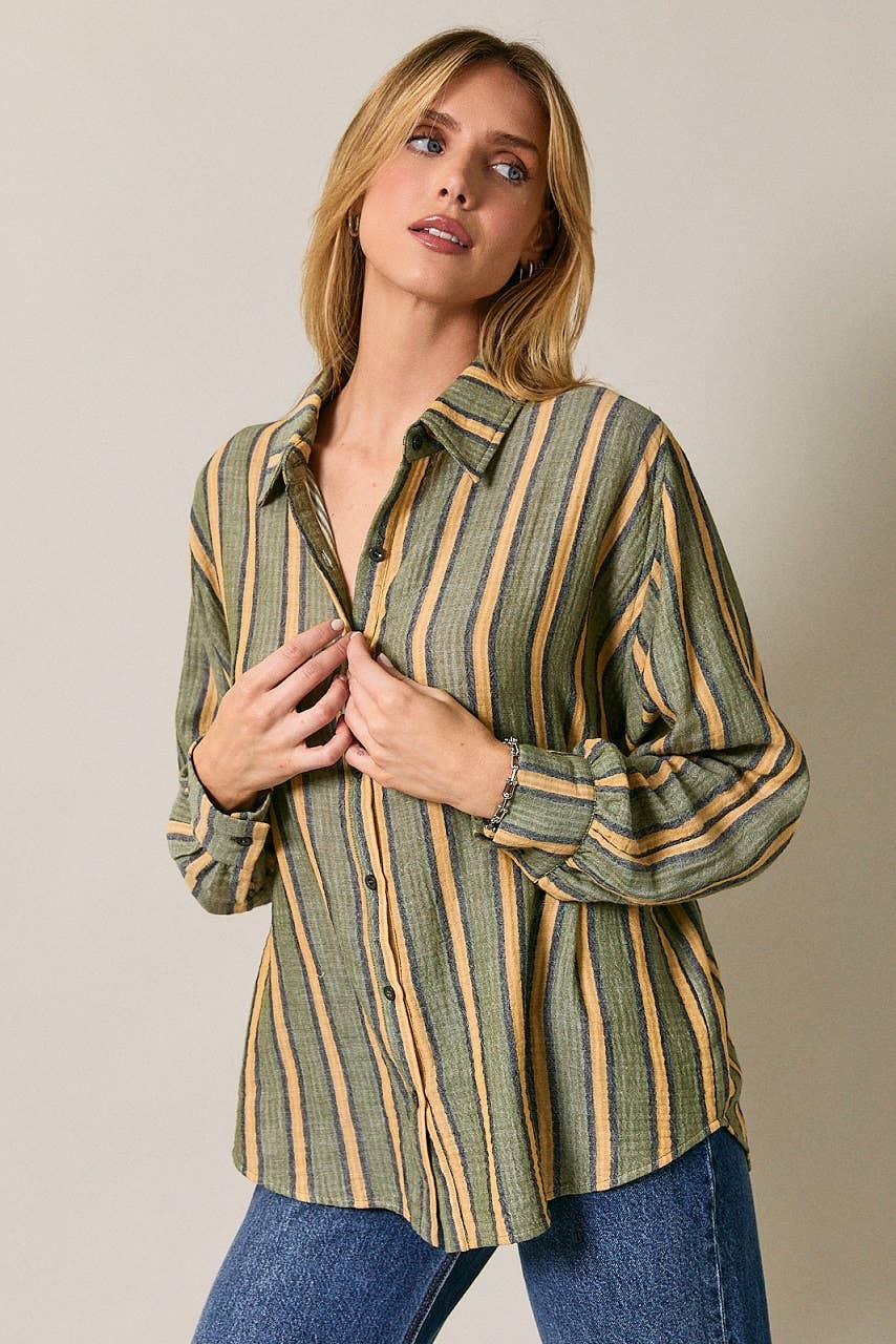 Dolman Long Sleeve Button Down Striped Shirt