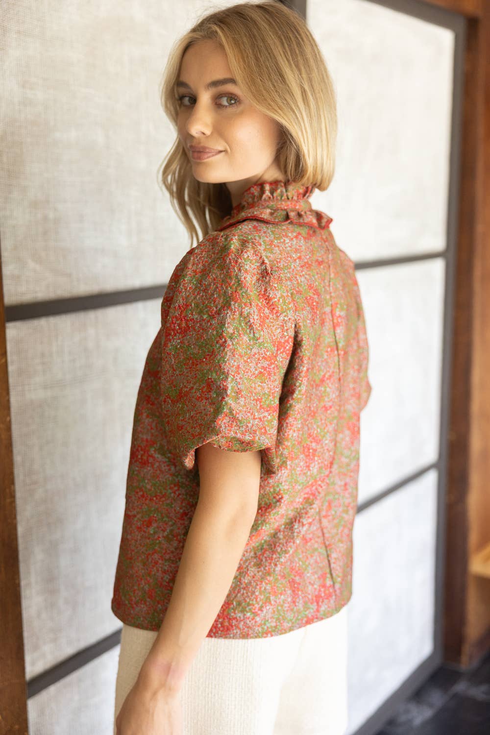 Ruffle Collared Jacqaurd Abstract Print Top